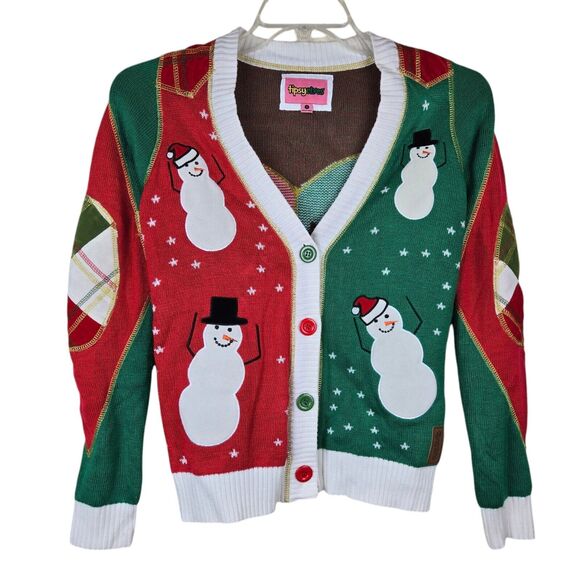 Tipsy Elves Women's Green Red Color Block Plaid Snowman Cardigan Sweater Sz S - Picture 1 of 5